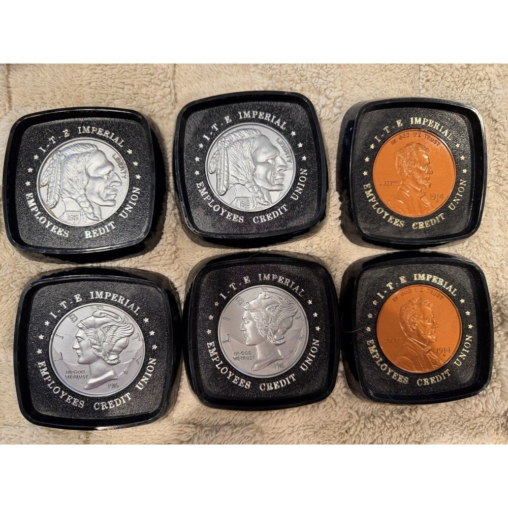 6 Piece Vintage Plastic Coin Medallion Credit Union Coaster Set - Picture 2 of 5